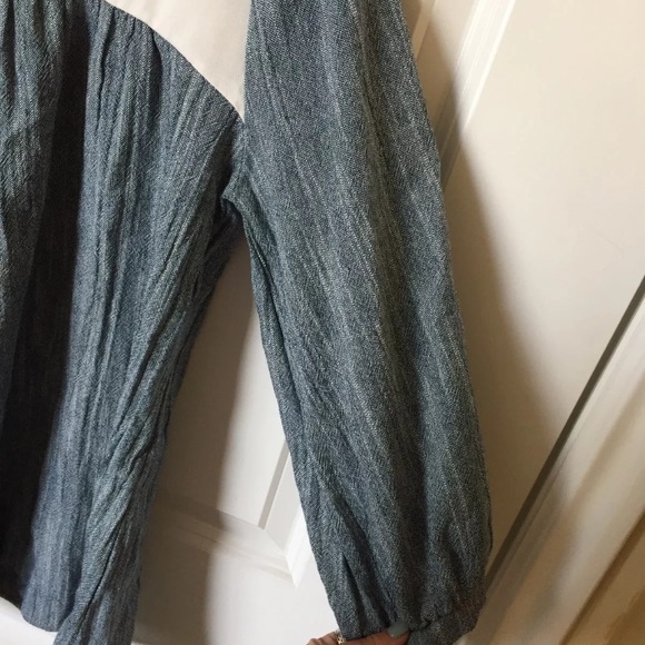 Denim looking blouse with chiffon accents. - Picture 3 of 7